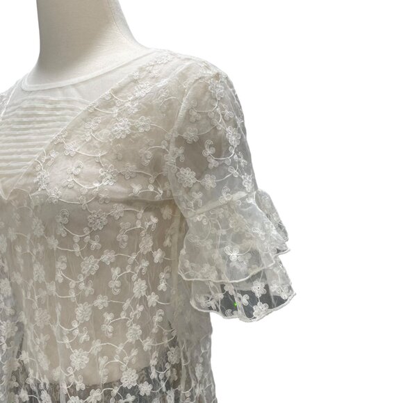 Maurices Women's White Lace Small, Sheer Floral Blouse Ruffle Sleeves, Boho Chic - Picture 6 of 9